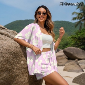 Conjunto de Dos Piezas con Estampado Floral Estilo Hawaiano para <span class=keywords><strong>Mujer</strong></span>, Blusa Transpirable de Manga Corta y Pantalones Cortos con Cordón, Atuendo Casual para la Playa - Product Image 1