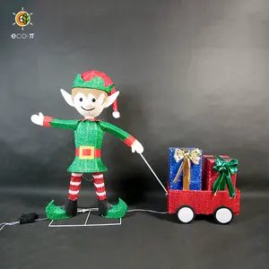 Dekorasi Natal Anti Air Luar Ruangan SAA 3D Elf dengan Kereta dan 2 Buah Kotak Hadiah Lampu Led Natal dengan Hadiah Hadiah