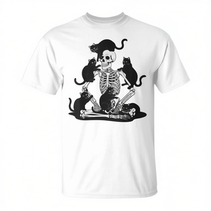Camiseta con Estampado de Serigrafía de Gato Calavera con Esqueleto Espeluznante y Gatos Negros, Cuello Redondo, Manga Corta, Unisex para Adultos, Promocional - Product Image 2