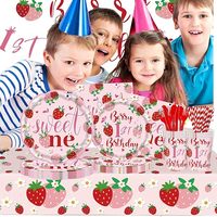Articles de fête d'anniversaire 1 an Thème Fraise, Vaisselle jetable Berry Sweet One, Assiettes en carton, Gobelets, Serviettes, Nappe, Décoration pour bébé fille