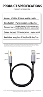 Câble audio AUX USB mâle vers jack stéréo mâle plaqué or, portable, 1m 2m, adaptateur pour casque et haut-parleur pour ordinateur portable