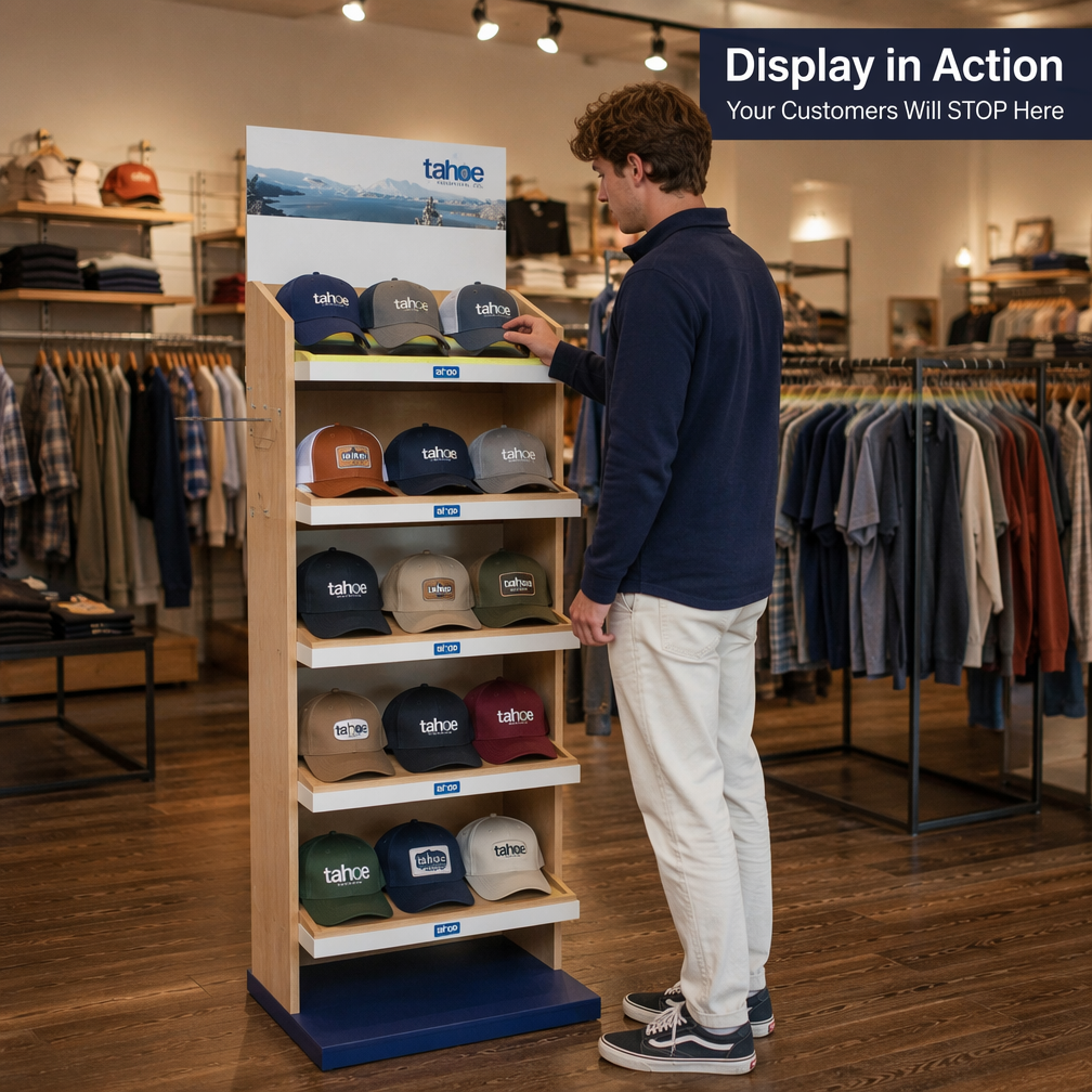 Plywood Floor Hat Display Stand 5-Tier Angled Shelves Custom Logo Header Retail Cap Rack for Clothing Boutique Souvenir Shop — view 2