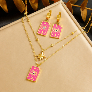 Vintage Square Eye Of God Pendant Double Layer Necklace Earrings Set With Star Moon Chain Women's Jewelry Gift - Product Image 1