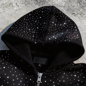 Sweat à capuche <span class=keywords><strong>noir</strong></span> oversize en coton French Terry de haute qualité, effet délavé, style streetwear, avec fermeture éclair et strass personnalisés - Product Image 3