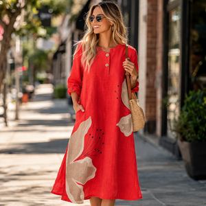 <span class=keywords><strong>Abito</strong></span> Casual Midi Personalizzato da Donna <span class=keywords><strong>in</strong></span> Misto <span class=keywords><strong>Lino</strong></span> e Cotone Rosso <span class=keywords><strong>Beige</strong></span> con Applicazioni Floreali Collo Rotondo Bottoni Henley Manica Lunga con Spacco Laterale - Product Image 1