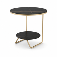 Table basse moderne en pierre frittée noire, directement de l'usine, avec cadre asymétrique en U fin couleur or champagne, mobilier de salon