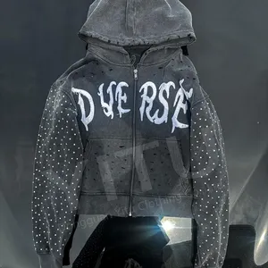 Tùy chỉnh đôi dây kéo Hoody đau khổ thêu đính vá thời trang dạo phố Sun Faded axit rửa Zip Up Rhinestone hoodie cho nam giới