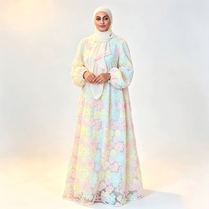 3D Floral Applique <strong>Maxi</strong> <strong>Dress</strong> Women Pastel Modest Wear Muslim Islamic Clothing Floor Length Occasion - Product Image 6