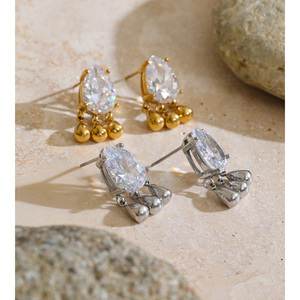 Boucles d'oreilles pendantes JINYOU 8524 élégantes en acier inoxydable plaqué or avec zircon cubique taille poire pour femme - Product Image 2