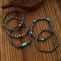 5 pièces/ensemble Navajo perle rétro Style occidental Turquoise perlé brossé Bracelet extensible Turquoise et (Faux) Navajo Bracelet pile