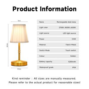 Lampe de table LED sans fil personnalisable de luxe avec commande tactile, abat-jour en tissu rechargeable pour restaurant - Product Image 6