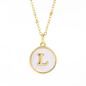 Fashion Round Shell 26 Initials Letter Pendant Necklace For Couple A-Z Alphabet Gold Plated Long Chain Waterproof Jewelry Gifts