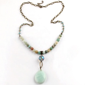 Donne Festival regalo moda gioielli bohémien 8mm pietra naturale 6mm cristallo vetro <span class=keywords><strong>rosario</strong></span> catena goccia collana pendente in pietra - Product Image 1