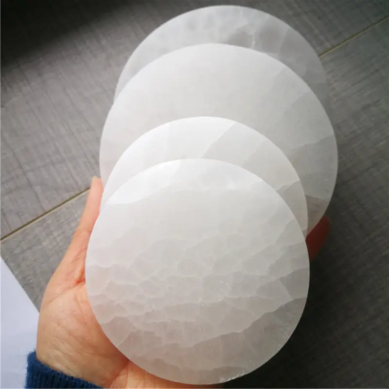 Wholesale Natural Gemstone clear Crystal Quartz round Selenite stone plate For Decoration