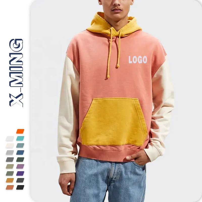 Heavyweight cotton color block hoodie mens custom slim unisex French Terry streetwear clothing printing multi color sweatshirt