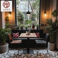 Luxus Red Velvet Square Massivholz gebogenes Leder Cafe Coffee Shop Kommerzielles Restaurant Sofa Tisch und Stuhl Möbel Set