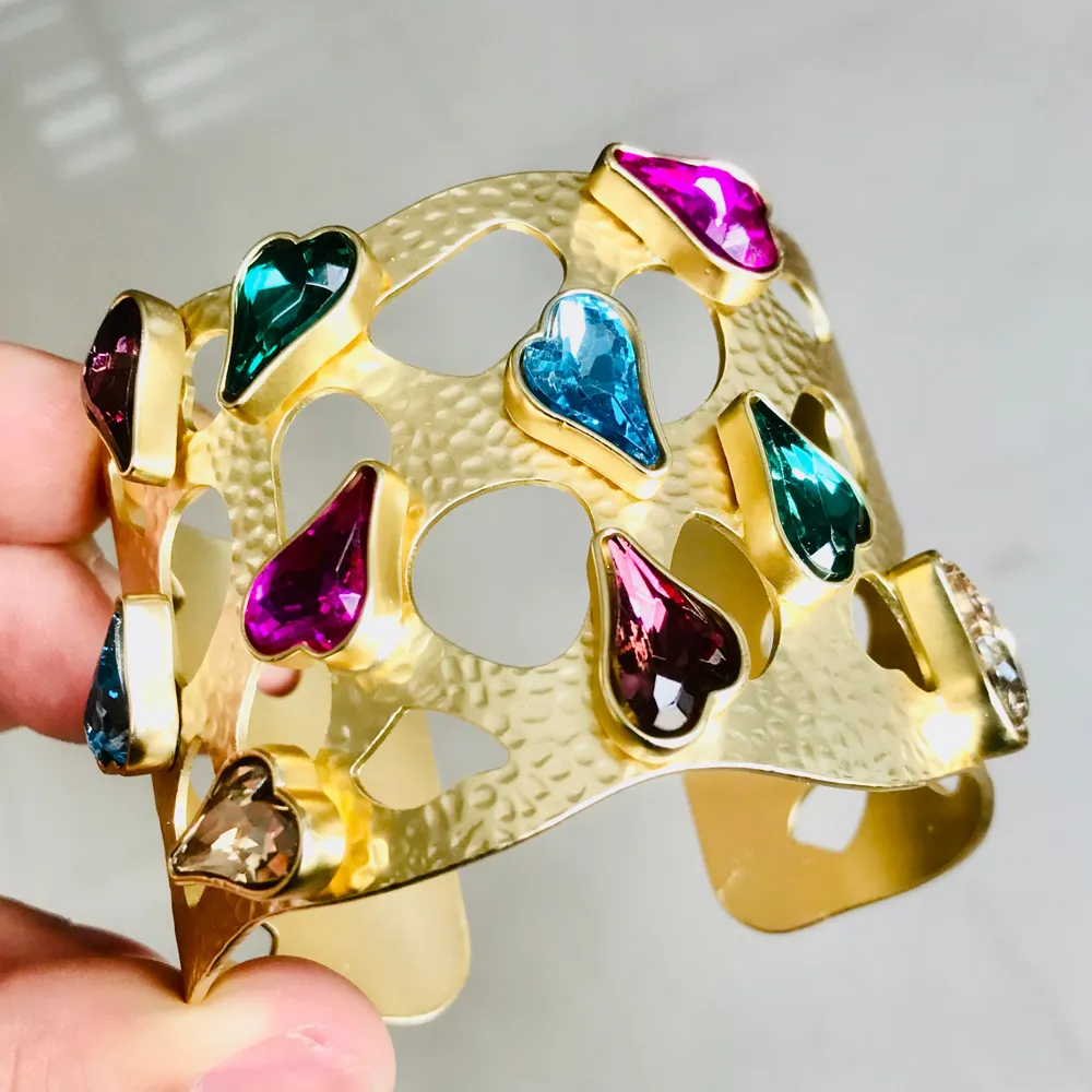 Fashion Crystal Heart Cuff Bracelet gold plated Open Wide Bangle Bracelets Adjustable for Women Prom Weddings Jewelry