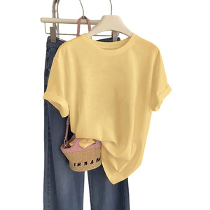 T-shirt à manches courtes en coton et élasthanne, col rond, couleur unie, haut pour femme |   Livraison en 14 jours |   Quantité minimum de commande : 50 pièces |   OEM personnalisé - Product Image 5