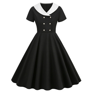Abito Vintage in Cotone Stile Rockabilly, Vestito Corto Retrò a Maniche Corte con Contrasto di Colore, Mini Abito Nero da Donna con Colletto e Bottoni - Product Image 1