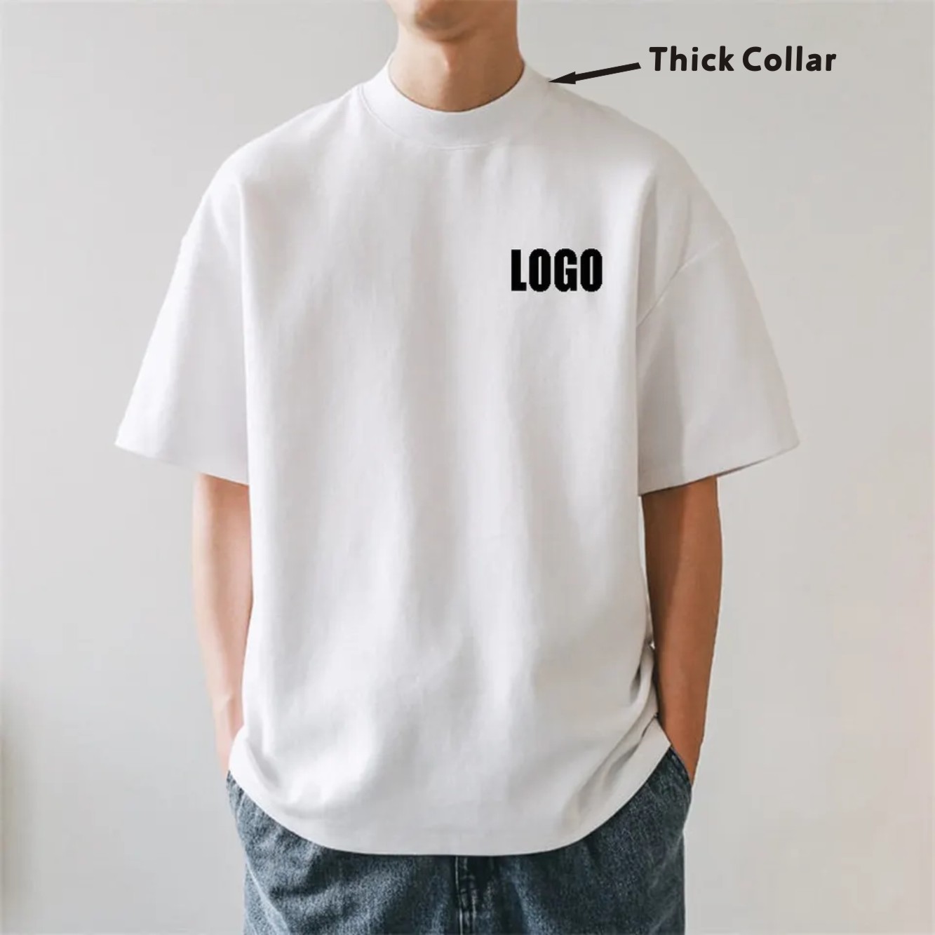 Thời Trang Đường Phố Lỏng Boxy Phù Hợp Trống Quá Khổ Cổ Điển Mềm Mại Nặng T-Shirt Trắng Dày Cổ Áo T Áo Sơ Mi