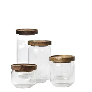 Factory price Kitchen Storage thread type borosilicate glass food storage jars with airtight Acacia wooden Lid
