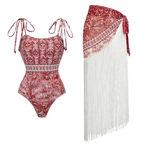 Conjunto de bikini vintage de 2 piezas con estampado de hojas para mujer, monokini de una pieza con tirantes y borlas, falda cruzada, venta al por mayor - Product Image 1