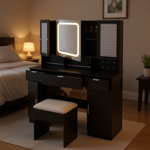 Mesa de Maquillaje Moderna con Espejo LED, Estantes de Almacenamiento y Taburete Acolchado para Dormitorio - Product Image 2
