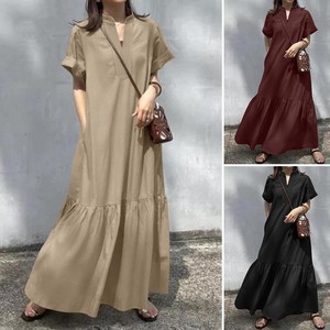 Robe longue décontractée ample à <span class=keywords><strong>col</strong></span> montant et <span class=keywords><strong>col</strong></span> en V, manches courtes, à volants, coupe trapèze, avec poches pour <span class=keywords><strong>femme</strong></span> - Product Image 2