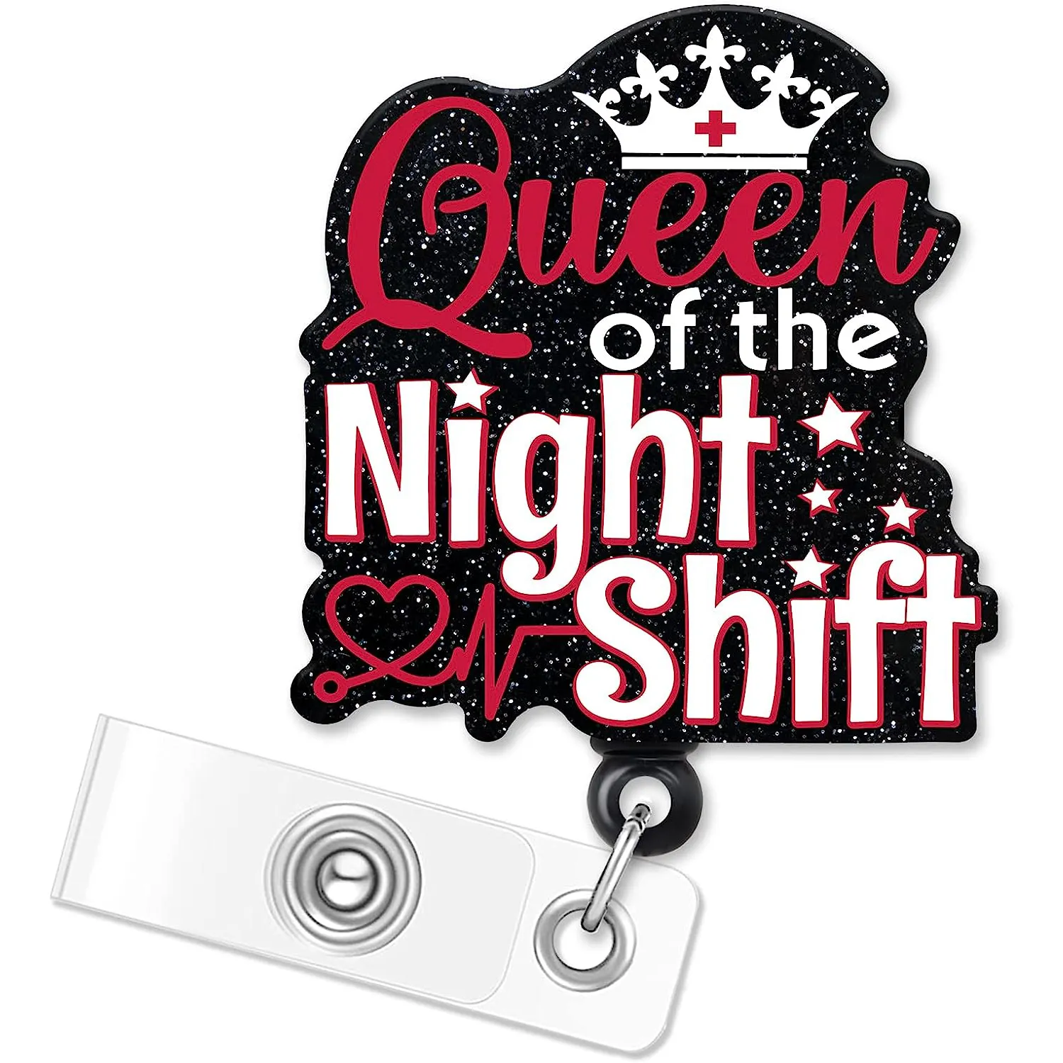 RTS Queen Of The Night Shift Retractable Black Sparkle Badge Reel With Crocodile ClipFun Id Badge Holder Badge Reel