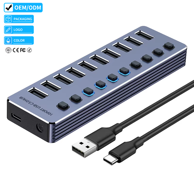 Justlink 10-Port USB 3.0 Hub with Independent Switches LED Indicator Aluminum Shell 5Gbps Data Transfer Powered for PC Laptop