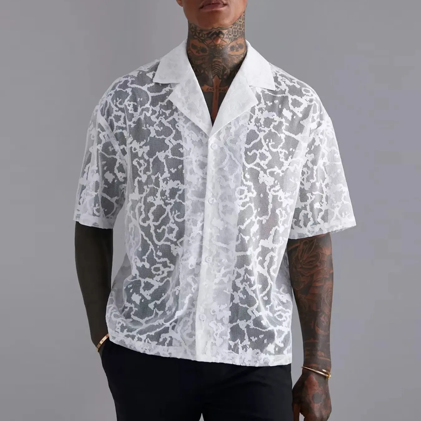 Mens Wholesale OEM Summer essentials Texture Button Up Sheer Floral Lace white cotton shirt Custom short sleeve shirts for men