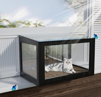Catio moderno de madera con ventanas de doble hoja, seguro para gatos al aire libre, con peldaño para ventana, malla antimosquitos, fácil de montar, protector, negro