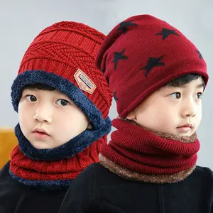 Conjunto de chapéu e cachecol infantil, 2 estilos de inverno, de malha, quente, para meninos e meninas, chapéu de pelúcia, cachecol, estrela, tricô, bandana