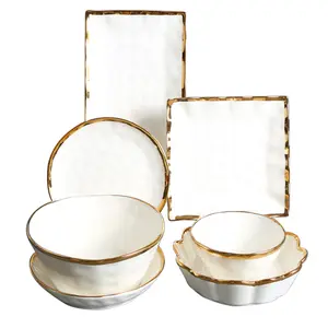 Nordic White Gold Design Home Restaurant Wedding Ceramic Dinnerware Set Gold-Edged Embossed Tableware Set