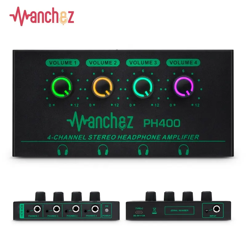 Manchez PH400 RGB Metal Professional Monitor Splitter Mini Stereo Audio 4 Channel Headphone Amplifier Portable