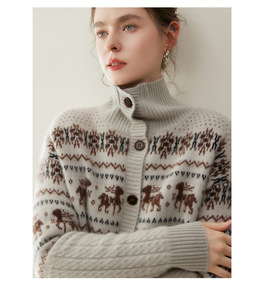 Cardigan en cachemire pour femme, collection hiver, vente en gros, usine, mélange de laine jacquard, manteau tricoté, fermeture éclair, col montant épais, pull en cachemire - Product Image 5
