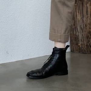 Botas de montar de cuero genuino para mujer, estilo retro británico, ajustadas, con cordones y punta redonda, versión de piel de vaca, estilo chic y atrevido. - Product Image 3