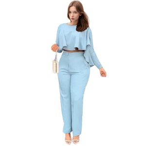 Ensemble deux pièces pour femmes, pantalon droit asymétrique à volants de couleur unie, tenue tendance - Product Image 5