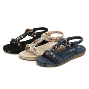 Yasirun Sandalias planas bohemias con diamantes de imitación para mujer, zapatos transpirables para vacaciones en la playa, talla 35-40 - Product Image 5