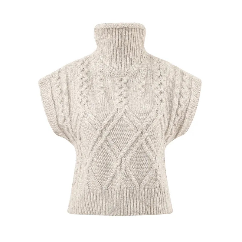 Inverno personalizado de pescoço alto feminino Casual Top Quente Vintage grosso colete camisolas Khaki malha lã sem mangas camisola