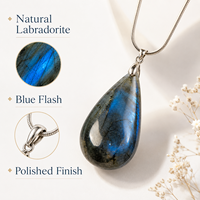 Collier pendentif goutte d'eau en labradorite naturelle avec attache grain de melon et chaîne serpent – Cadeau bijou