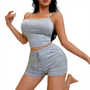 Women 2-Piece Breathable V-neck Knitted Lounge Set Sleeveless Crop Top with Drawstring Shorts Solid Gray Casual Summer Wear - Product Image 4