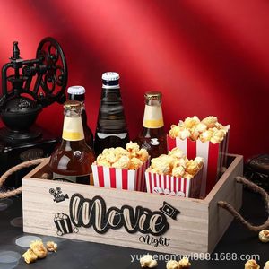 Caja de madera para refrigerios con asa, organizador de palomitas y bebidas, organizador rectangular portátil de madera maciza para noche de cine - Product Image 2