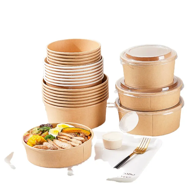 Tigelas de papel com tampa para comida quente, recipiente para comida fria, tigelas descartáveis para salada, mais vendidas