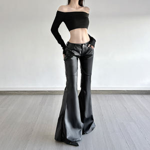 Edgy Street Style Breathable PU Pants-<b>Low</b>-<b>Rise</b> Bootcut <b>Flare</b> with Flat Front and Slimming Fit - Product Image 3