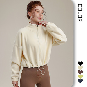 Veste de sport en <span class=keywords><strong>polaire</strong></span> pour <span class=keywords><strong>femme</strong></span>, coupe-vent, en polyester/nylon, haut de yoga, <span class=keywords><strong>pull</strong></span> de fitness ample à cordon de serrage, à manches longues, couleur unie - Product Image 3