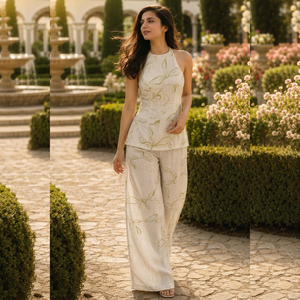 Conjunto de 2 Piezas Ecológico de Algodón, Top Peplum sin Mangas con Cuello Redondo y Pantalones Palazzo de Pierna Ancha con Estampado Floral Verde, para Invierno - Product Image 1