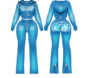 Conjunto deportivo de dos piezas para mujer, con cremallera, puños con cremallera, estampado gráfico, ideal para mujeres altas. - Product Image 3