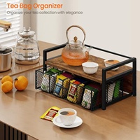 Étagère de rangement de cuisine double couche en fer et bois, sur pied, avec tiroir compartimenté pour sachets de thé et capsules de café