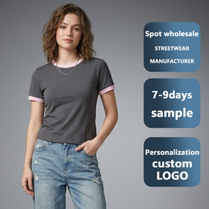 เสื้อยืดครอปแขนสั้นคอกลมทรงเข้ารูปผ้าฝ้ายสไตล์สตรีทแวร์ Y2K ลายตัดต่อสีสันสำหรับวัยรุ่นหญิง - Product Image 1